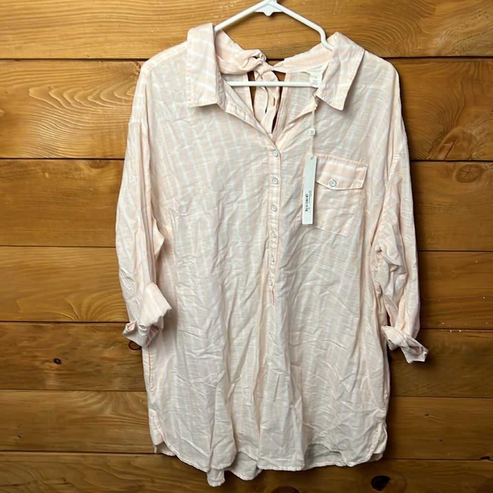 CASLON Women's White/PinkStriped Greta Dress side pockets 2X Long Sleeve Casual